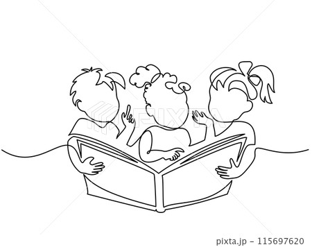 Happy kids girls and boy reading big opened book. Education and back to school Happy kids girls and boy reading big opened book. Education and back to school 115697620