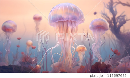 underwater scene with ethereal jellyfish floating among delicate marine plants 115697683