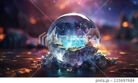 fantasy-themed illustration of a hidden world inside a transparent orb, resting on a rocky surface 115697684