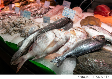 Colorful choice of fish at a market in Spain. Closeup of fish on display in a fish market, food concept. Fresh raw dorado Colorful choice of fish at a market in Spain. Closeup of fish on display in a fish market, food concept. Fresh raw dorado 115697817