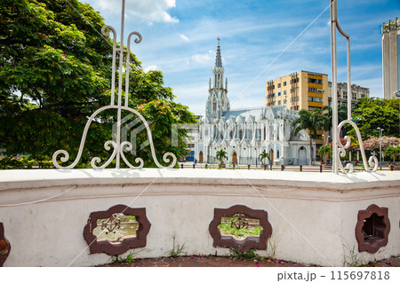 View from the historic Ortiz Bridge of the beautiful La Ermita church built on a gothic style on the city of Cali in Colombia. 115697818