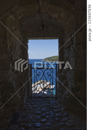 Framed view of Mediterranean Sea, from San Nicola island. 115697836
