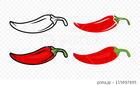Cartoon Red Hot Chili Pepper Icon Set Closeup, Isolated. Hand Drawn Spicy Chili Pepper, Vector Illustration 115697895