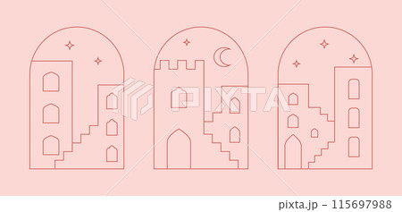 Arabic window landscape, view to city. Modern Ramadan Mubarak colorful arch designs. Arabic window landscape, view to city. Modern Ramadan Mubarak colorful arch designs. 115697988