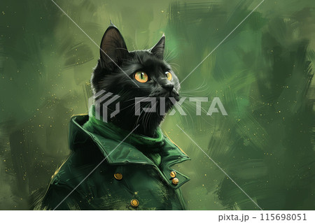 A black cat dressed in a vibrant green coat, celebrating St. Patricks Day with a festive touch 115698051