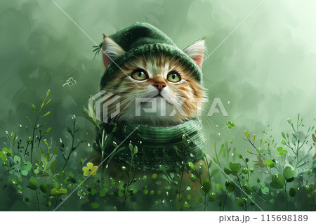 A watercolor painting on a green background depicting a cartoon cat wearing a green hoodie, Happy St. Patricks Day 115698189