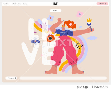 Life Unframed: Photo rainbow -modern flat vector concept illustration of a photographer and rainbow. Metaphor of unpredictability, imagination, whimsy, cycle of existence, play, growth and discovery 115698389