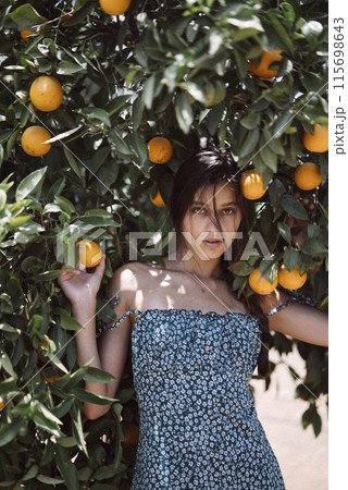 A stylish young woman is striking a pose against a backdrop of orange trees in a garden 115698643
