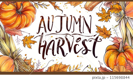A digital illustration depicting the autumn harvest with pumpkins and leaves on a white background A digital illustration depicting the autumn harvest with pumpkins and leaves on a white background 115698844