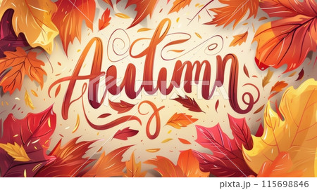 Colorful illustration of autumn leaves surrounding the word Autumn written in a hand-lettered style Colorful illustration of autumn leaves surrounding the word Autumn written in a hand-lettered style 115698846