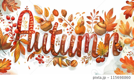 Illustration of the word Autumn in watercolor with fall leaves, berries, and acorns surrounding it Illustration of the word Autumn in watercolor with fall leaves, berries, and acorns surrounding it 115698860