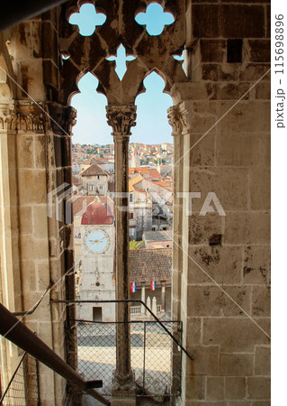 View from the bell tower of the cathedral in Trogir to the church St. Sebastian View from the bell tower of the cathedral in Trogir to the church St. Sebastian 115698896
