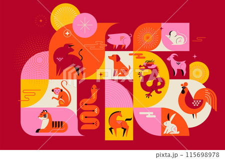 Chinese horoscope zodiac concept design, poster, banner. Geometric minimalist style. Animals symbols 115698978