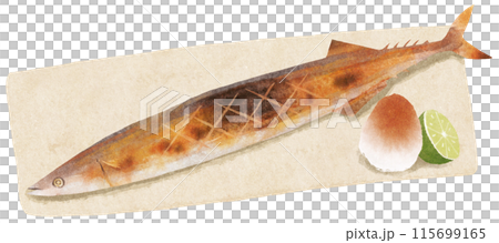 鹽烤箭魚放在盤子上（配有磨碎的蘿蔔和酸橘），帶有水彩的味道 115699165