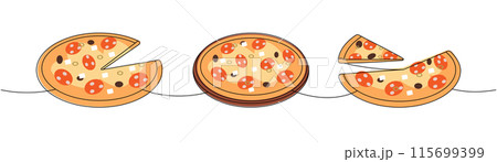 Fresh pizza one line colored continuous drawing. Traditional italian fast food continuous one line illustration. Fresh pizza one line colored continuous drawing. Traditional italian fast food continuous one line illustration. 115699399