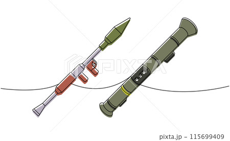 Set of anti-tank grenade launchers one line colored continuous drawing. Various modern weapons continuous one line illustration. Vector illustration. Set of anti-tank grenade launchers one line colored continuous drawing. Various modern weapons continuous one line illustration. Vector illustration. 115699409