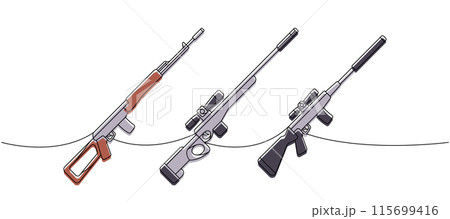 Set of sniper rifles one line colored continuous drawing. Various modern weapons continuous one line illustration. Vector linear illustration. Set of sniper rifles one line colored continuous drawing. Various modern weapons continuous one line illustration. Vector linear illustration. 115699416