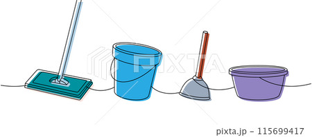 Housekeeping set one line colored continuous drawing. Floor mop, bucket, toilet plunger, plastic basin continuous one line illustration. 115699417