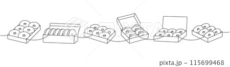 Set of delicious donuts one line continuous drawing. Bakery sweet pastry food. Vector linear illustration. 115699468