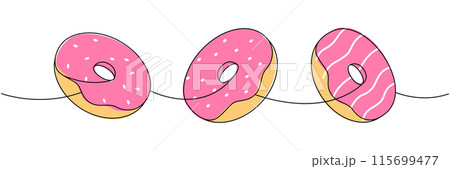 Donut set. Take away donuts one line colored continuous drawing. Bakery sweet pastry food. Vector linear illustration. Donut set. Take away donuts one line colored continuous drawing. Bakery sweet pastry food. Vector linear illustration. 115699477