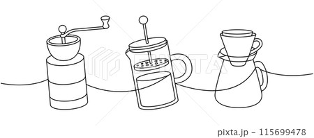 Coffee set one line continuous drawing. Small grinder, French press, coffee maker with paper filter continuous one line illustration. 115699478
