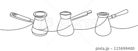 Turkish coffee pots one line continuous drawing. Hand drawn elements for cafe menu, coffee shop. Vector linear illustration. 115699480