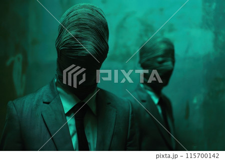 Two men in suits with wrapped faces in a dark mysterious room Two men in suits with wrapped faces in a dark mysterious room 115700142