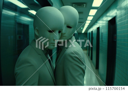 Surreal anonymous figures in hallway with green lighting Surreal anonymous figures in hallway with green lighting 115700154