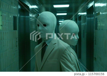 Mysterious figures in white suits with blank white masks 115700156