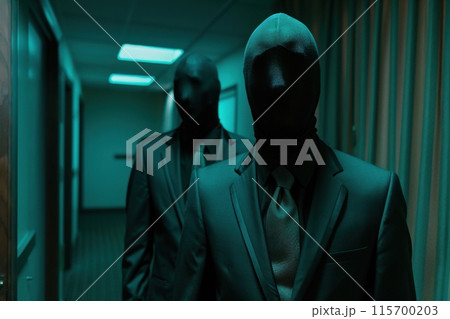 Mysterious figures in suits walking down a dimly lit hallway 115700203