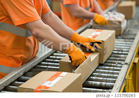 Workers sorting packages on conveyor belt in warehouse 115700263