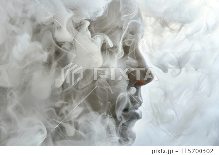 Surreal portrait of woman's face surrounded by white smoke 115700302