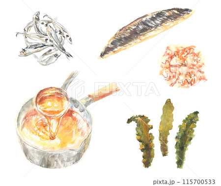 水彩で描いた色々な出汁のイラストセット 水彩で描いた色々な出汁のイラストセット 115700533