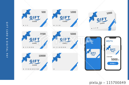 プリペイド式ギフトカード(商品券)とスマホのデジタルギフト(Pay)イメージ素材セット 115700849
