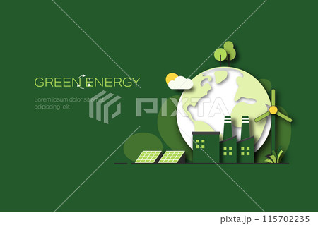 Green industry. Green Energy Concept. Sustainable renewable energy sources. Environmental, Social, and Corporate Governance concept. Paper Art Style. Minimal Vector illustration. 115702235