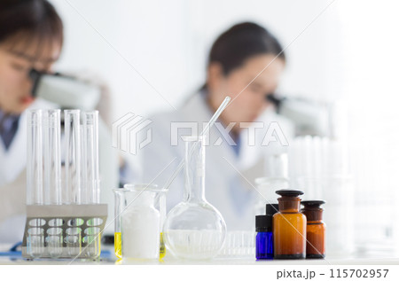研究をする白衣の女性 実験　顕微鏡 115702957