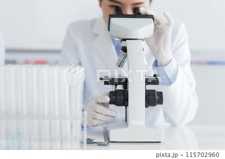 研究をする白衣の女性 実験　顕微鏡 115702960