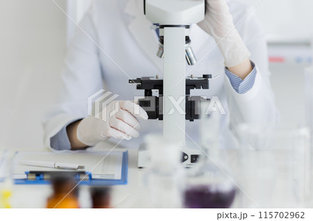 研究をする白衣の女性 実験　顕微鏡 115702962
