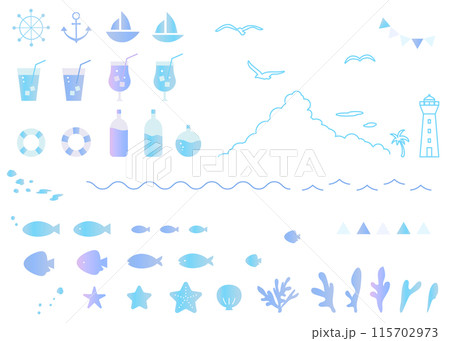 マリンモチーフのアイコンイラストセット　夏　海　グラデーション 115702973