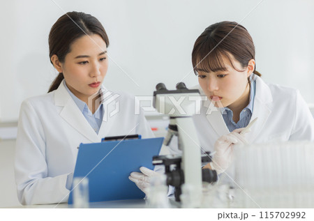 研究をする白衣の女性 実験　顕微鏡 115702992