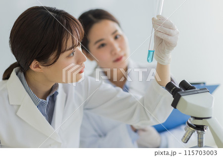 研究をする白衣の女性 実験　顕微鏡 115703003