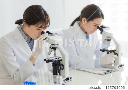 研究をする白衣の女性 実験 顕微鏡 研究をする白衣の女性 実験 顕微鏡 115703006