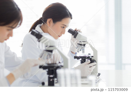 研究をする白衣の女性 実験　顕微鏡 115703009