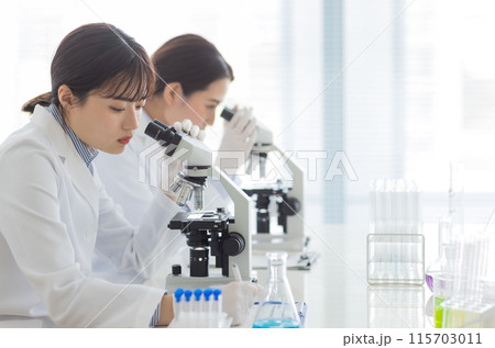 研究をする白衣の女性 実験　顕微鏡 115703011