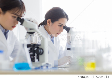 研究をする白衣の女性 実験 顕微鏡 研究をする白衣の女性 実験 顕微鏡 115703013