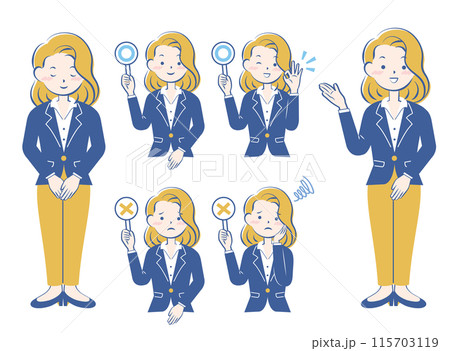スーツ姿の女性のセット　お辞儀　案内　マルバツ　3C 115703119