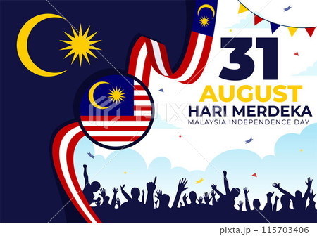 Happy Malaysia Independence Day Vector Illustration on 31 August with Waving Flag and Ribbon in a National Holiday Flat Cartoon Background Happy Malaysia Independence Day Vector Illustration on 31 August with Waving Flag and Ribbon in a National Holiday Flat Cartoon Background 115703406