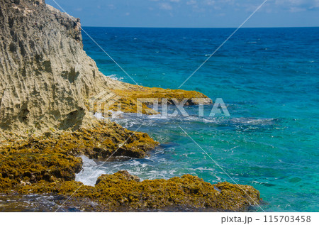 Scenic view of Caribbean Ocean at Punta Sur, Isla Mujeres Scenic view of Caribbean Ocean at Punta Sur, Isla Mujeres 115703458