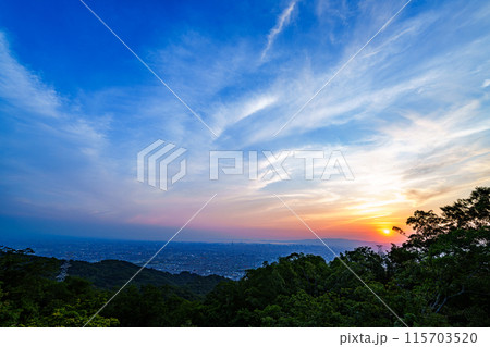 奈良と大阪の府県境 信貴生駒スカイライン600mの夕景 超広角レンズが捉えた大阪の夕空 日没④ 奈良と大阪の府県境 信貴生駒スカイライン600mの夕景 超広角レンズが捉えた大阪の夕空 日没④ 115703520