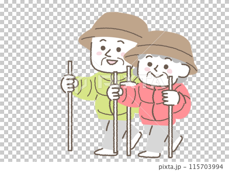 一對老年夫婦徒步旅行的插圖 115703994